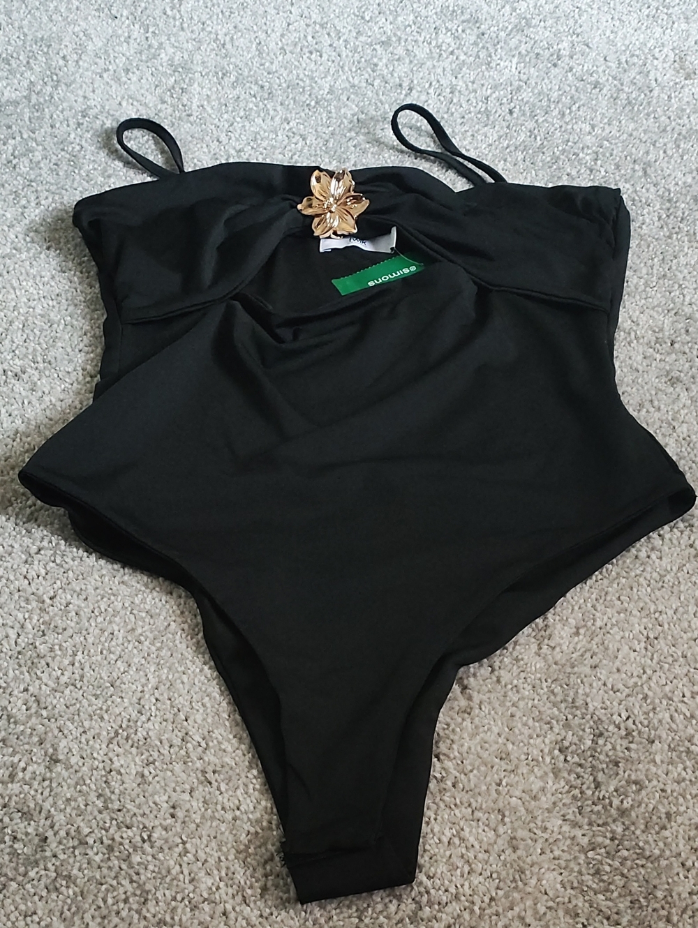 Simons Black One-Piece Swimsuit with Green Tag